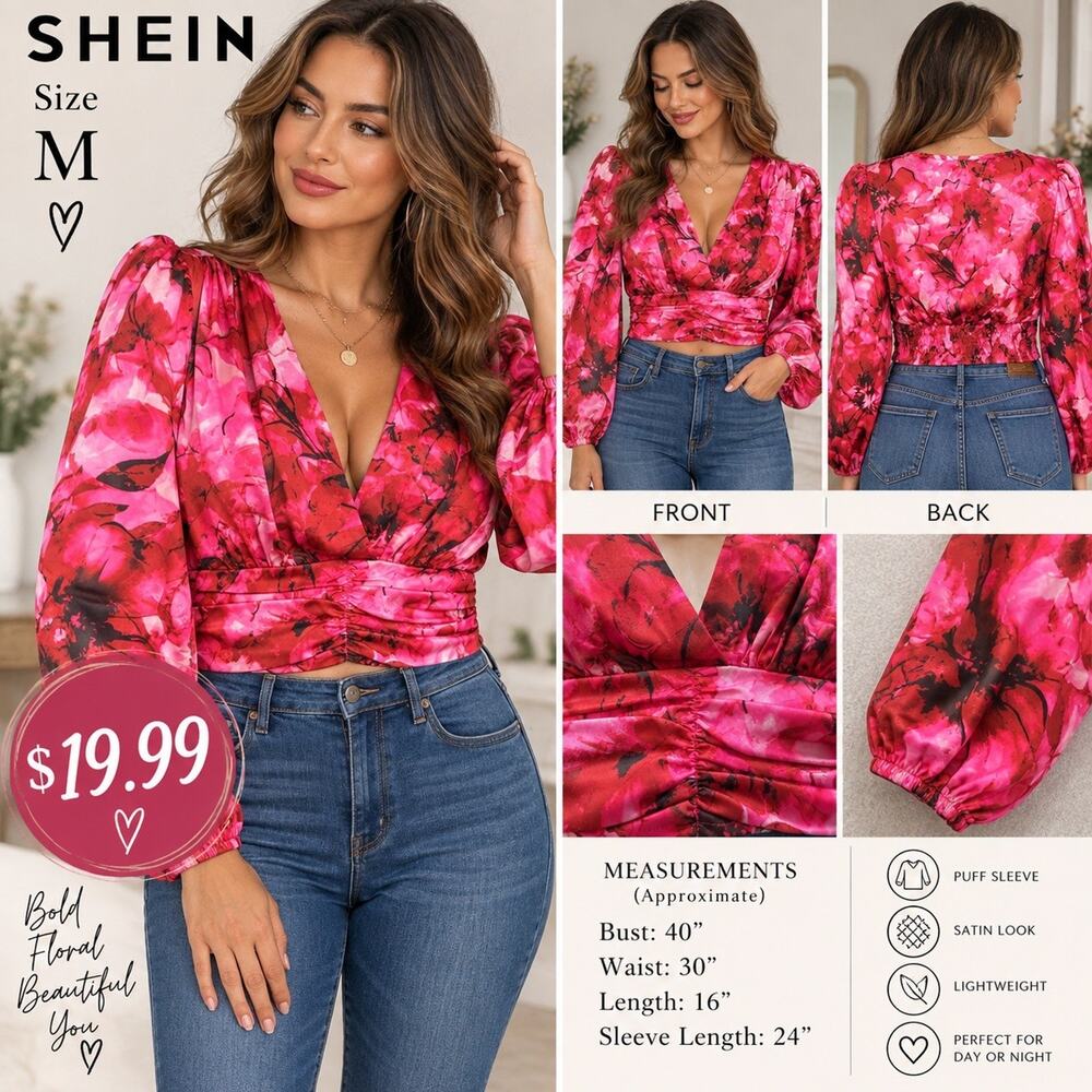 SHEIN Women’s Med Pink Floral Satin Blouse Crop Top Puff Sleeve Ruched Y2K Med